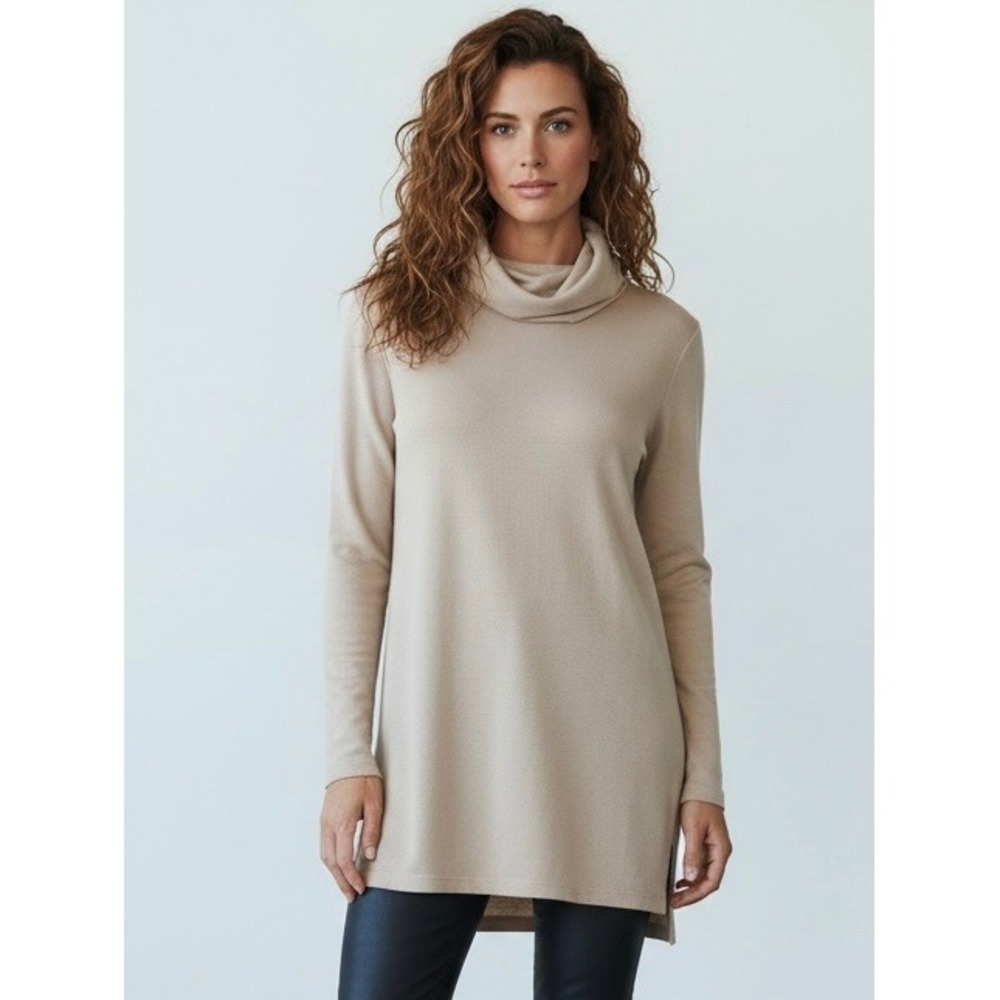 Lisa Rinna Collection Tan Cowl Neck Tunic Sweater XSP Longline Knit Top